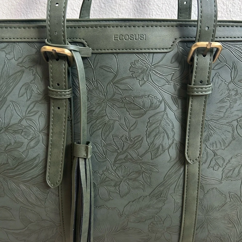 Leather Style Embossed Floral Forest Green Women's Tote Bag - Picture 8 of 15